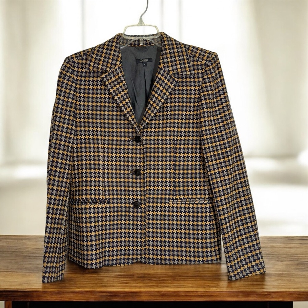 Zanella Black and Tan Houndstooth Blazer Notched Collar 3 Button Fully Lined